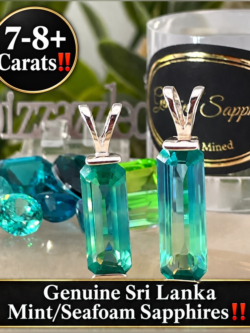 Teal Mint Sapphires Tri-Tone. Sterling Silver Pendant & chain. blue green